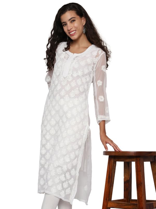 Image of Georgette Chikan Kurti with Inner Chikankari Lucknowi Hand Embroidered Kurti for Women and Girls