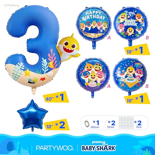 Image of PartyWoo Baby Shark Blue Foil Number 3 Balloon 5pcs 40 18 Inch Blue Round Star Mylar Helium Birthday Balloons for Boys and Girls Baby Shark Under the Sea Ocean Kids Third Birthday Party Decorations