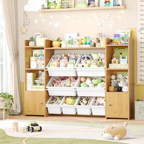 Image of FOTOSOK 55''Large Toy Storage Organizer with 8 Toy Bins, Toy Organizers and Storage with Shelf and 6 Storage Cubbies, Bookshelf for Kids, Playroom Organization and Storage Bins, Natural