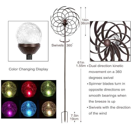 Steadydoggie JS1001 Solar Wind Spinner Willow Leaves-Improved 360 Degrees Swivel Multi-Color Led Lighting Solar Powered Glass Ball With Kinetic Wind Spinner-Metal Sculpture Construction-Outdoor Yard Lawn And Garden thumb #1