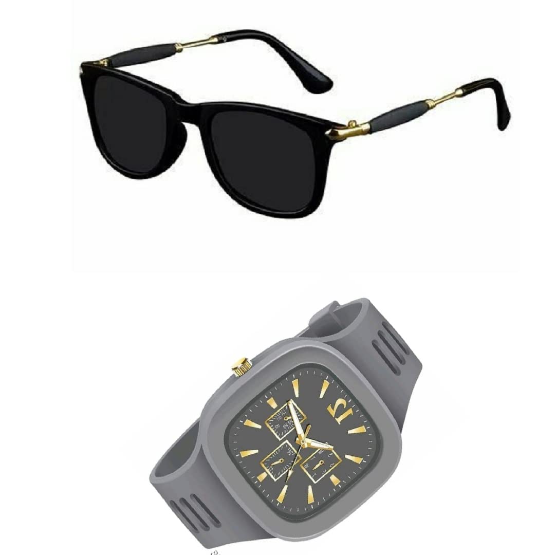 Full Rim, Metal side Trendy and Stylish Black Rectangular Sunglasses For Men & Boys With Trending Analog Watch-image-41