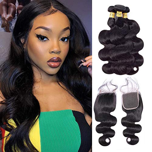 VSHOW Hair 8A Brazilian Human Hair Bundles with Closure 20 22 24 with 18"Closure 100% Unprocessed Brazilian Virgin Hair Body Wave 3 Bundles Weave with Free Part 4X4 Lace Closure Natural Color