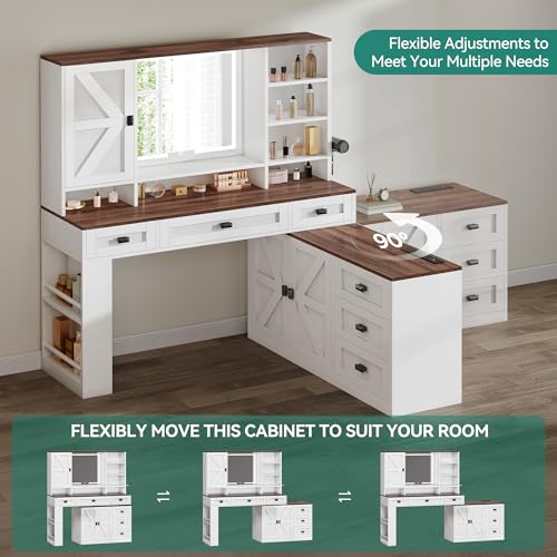 DWVO L Makeup Vanity Desk with Mirror and Lights, Farmhouse Big Lighted Vanity Table Set with 6 Drawers and Cabinet Shelves, 360° Rotation Large Dressing Table for Bedroom, White