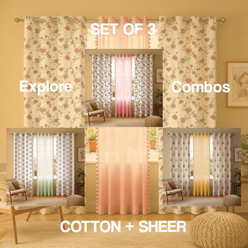 Image of Urban Space Printed 100% Cotton Curtain for Door, Cotton & Sheer Combo Set of 3 Curtains 8 Feet, Tieback & Eyelets Included with Curtains for Room Darkening (Passion Flower & Salmon Pink pom pom)