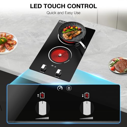 Image of 2 Burner Electric Cooktop, 2100W Electric Stove Top Hot Plate, 12 inch Countertop Burner & Built-In Stove Top, 9 Levels of Power, Knob Control, Timer & Kid Safety Lock, Residual Heat Warning