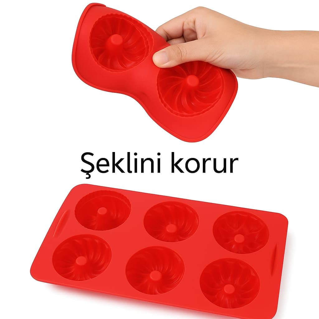VIVALUXE 6 Hazneli 2 Adet Silikon Kek Kalıbı, Avrupa Sınıfı Yivli Mini Kek Tavası, Kırmızı, Gıda Sınıfı Yapışmaz Silikon, FDA LFGB Onaylı, Jöle ve Kek Pişirme için