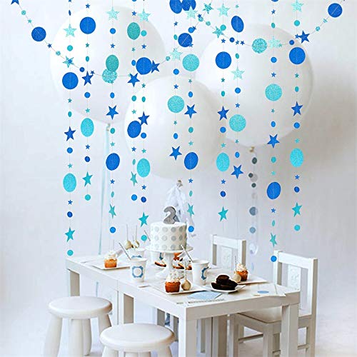 Image of Blue Party Decoration Blue Star Circle Dot Hanging Garland Hanging Streamer Decorations Glitter Star Bunting Banner Twinkle Backdrop for Wedding Anniversary Baby Shower Birthday Christmas