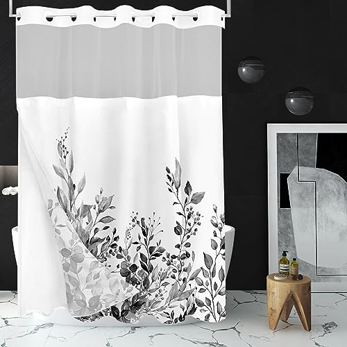 Tititex No Hooks Snap in Liner Black Eucalyptus Leaves Shower Curtain Sets, Hotel Luxury Double Layers Waterproof Fabric & See-Through Top Window Bathroom Decorative 60x72 Inch by Tititex - Image 3