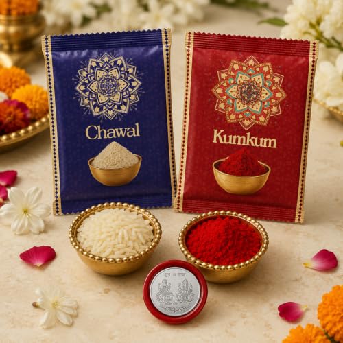 Image of Oblivion Rakhi with Chocolate for Brother - Golden Color OM Design Rakhi with Assorted Chocolate 10 Pcs, Silver Color Pooja Coin, Greeting Card & Tilak Set - Raksha Bandhan Combo Pack (K1 308 PC10)