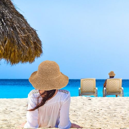 Image of Womens Floppy Straw Sun Hat Packable Wide Brim Summer Beach Hat Foldable Crochet Bucket Hats