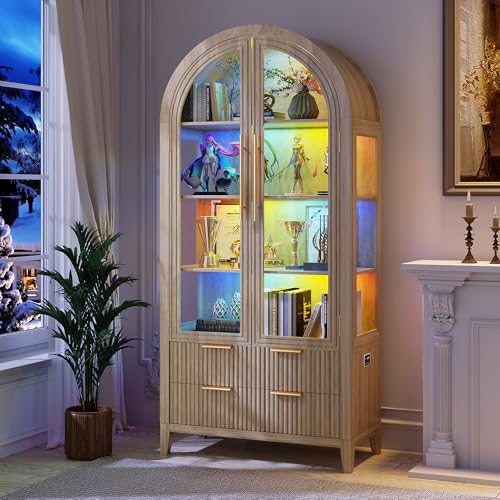 Image of LVSOMT 71 inch Arched Display Cabinet with Glass Doors and RGB Lights, Wood