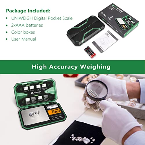 Uniweigh Digital Pocket Scale 200G/0.01G, Digital Scale Grams, Mini Jewelry Scale, Coins Scale With 50G Cal Weights For Powder, Weed (Battery Included)-Green #TOP6