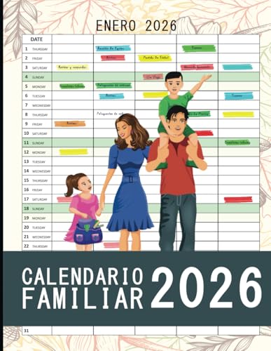 Calendario Familiar 2026: Organizador familiar mensual Enero a Diciembre, 5 columnas de la planificación familiar durante 12 meses, tamaño A4 Calendario Familiar 2026: Organizador familiar mensual Enero a Diciembre, 5 columnas de la planificación familiar durante 12 meses, tamaño A4