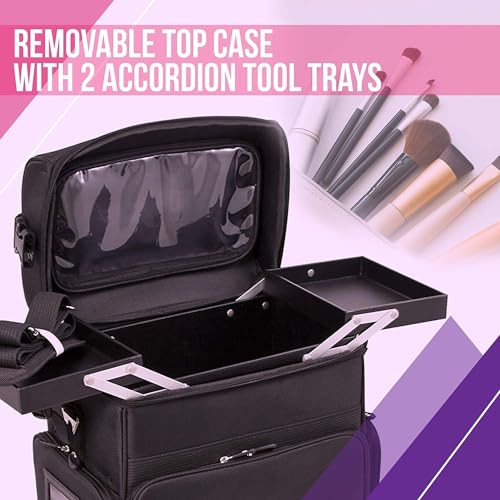 Image of Adson Multifunctional Professional Beauty Makeup Artist Rolling Cosmetic Aluminium Vanity Trolley Beauty Train case Makeup Cosmetic Trolley Hairstylist Travel Organizer (Full Black)