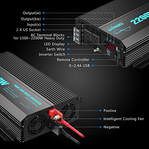 Pure Sine Wave Power Inverter 2200Watt DC 12volt to AC 120volt with Dual AC Outlets and 2.4A USB Port & LED Display Remote Controller for RV Trucks Boats and Emergency【3 Years Warranty】 - Thumbnail 3