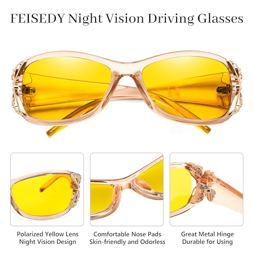 FEISEDY Polarized Night Vision Glasses for Women Yellow Lens Anti Glare Safety Driving UV Protection B01034