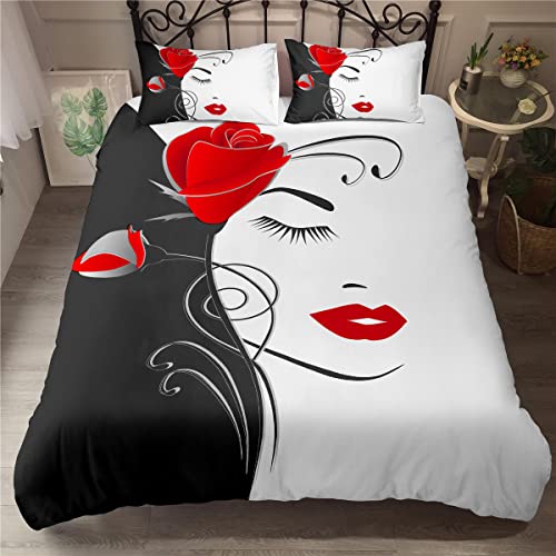 Tomifine Love Housse de Couette Rose Flower Parure de lit Microfibre Housse de Couette Romantique Noir et Blanc avec 2 taies d'oreiller 65x65cm (240x260...