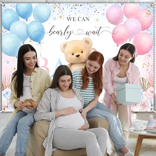 Image of Avezano Boho Bear Gender Reveal Backdrop Banner Boho Floral We Can Bearly Wait Gender Reveal Decorations Pampas Grass He or She Baby Shower Party Decor (7x5ft)