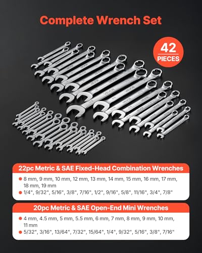 Image of VEVOR Combination Wrench Set, 42-Piece SAE and Metric, 12-Point Box End and 15 Angled Open End Combination Wrenches with Roll Up Pouch, Carbon Steel, for General Household and Automotive Repairs