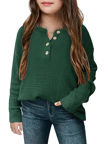 Image of rrhss Girls Waffle Knit Sweaters Trendy Henley Button V Neck Long Sleeve Pullover Jumper Tops