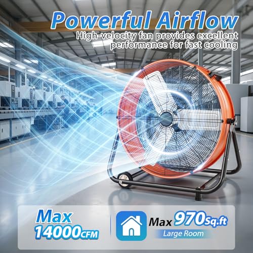 Image of LifePlus 30 inch Industrial Drum Fan, 14000 CFM High Velocity 3-Speed Heavy Duty Metal Air Circulator with 360 Tilt, Casters Handle for Warehouse Factory workshops Patios Garage, Orange