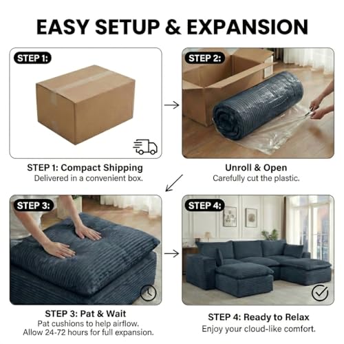 Image of 140 inch Boneless Couch - Modular Cloud Sofa Sectional with 2 Ottomans, Deep Seat Memory Foam Boneless Sofa, Fuzzy Corduroy L Shaped Couch for Living Room (No Assembly)