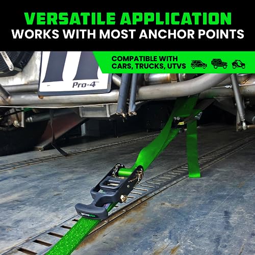 Rhino USA Car Tie Down Straps for Trailers with J Hooks (4-Pack) – 2" x8' (10,000lb Break Strength) – Heavy Duty Car Hauler Tire Straps with Axle Straps for UTV, Powersports & More – Green