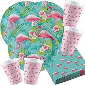 Amscan 10118540B – partyset flamingo, 16 papieren borden, 16 papieren bekers, 20 servetten, verjaardag, themafeest…
