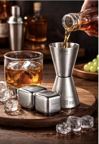 Image of Peg Measure 30 /60 ml with Steel Ice Cubes | Bar Measure Jigger for Drinks, Cocktails, Coffee & Mocktails | Premium Barware Combo (Combo Peg Measure Set)