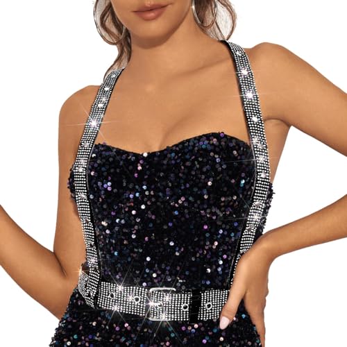 Asooll Punk Leather Waist Belts Black Adjustable Crystal Dresses Belt Rave Party Women Belt for Women