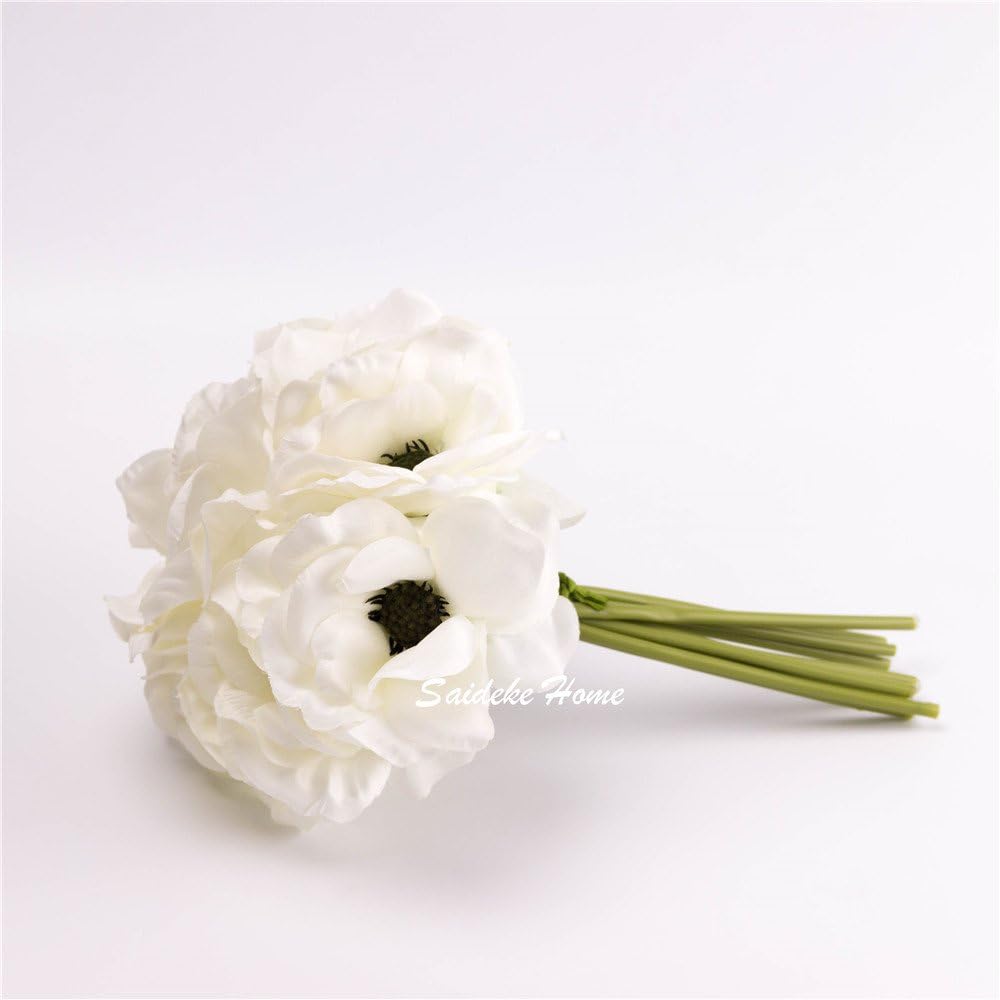 Silk White Anemone Bouquet Home Furnishing Decorative Flowers 3.9" bloomx9.4 Tall