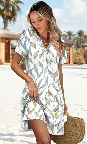 Image of WIHOLL Summer Dresses for Women Casual V Neck Wedding Guest Dress Hawaiian Midi Dress Fashion Beach Vacation Clothes