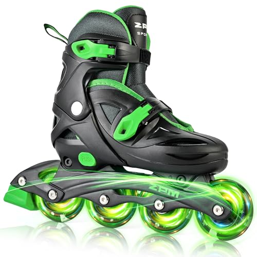 2PM SPORTS Inline Skates for Kids Boys Ages 4-8 8-12 4-7 7-12 10-14 with Light Up Wheels Adjustable Roller Skates Blades for Beginners Youths Roller Skates (Black & Green Medium - Big Kid)