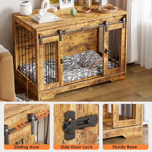 MSFE Hundebox Möbel,Holz-Hundehütte mit Doppelschiebetüren&Seitliches Türschloss,hundekäfig Indoor für Hunde Kleiner, Mittlerer Rassen,Hundehütte aus Mesh,Beistelltisch Hundehaus,105 * 58 * 75.4cm