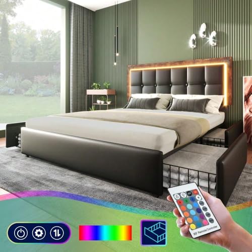 Polsterbett 140x200 cm mit höhenverstellbarem Kopfteil & LED - Schwarz PU mit 4 Schubladen - Funktionsbett inkl. Matratze – Bild 6