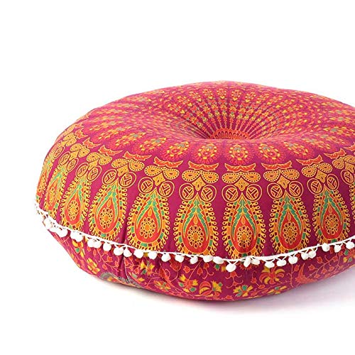 EYES OF INDIA - 32" Burgundy Red Mandala Large Floor Pillow Cover Meditation Cushion Seating Throw Hippie Round Colorful Decorative Bohemian Accent Chic dog bed Indian Pouf Ottoman Handmade COVER ONLY