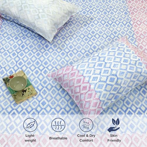 Image of TOAI Hand Block Printed Jaipuri Bedsheet | Bed Sheet Flatsheet | Pure Cotton | Single Size 60 inchx90 inch | 300 TC Bedsheets | Includes 1 Pillow Cover |Vintage Lines Checks |Blue Pink