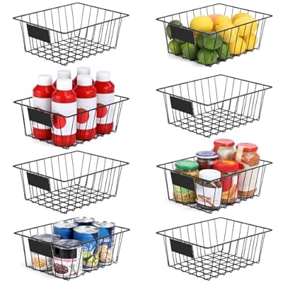 8 Pack Wire Storage Baskets for Organizing with Removable Tags, Pantry Organization Bins for Kitchen Cabinets, Closet - Metal Basket for Laundry, Garage, Refridge, Bathroom Countertop Organizer, Black