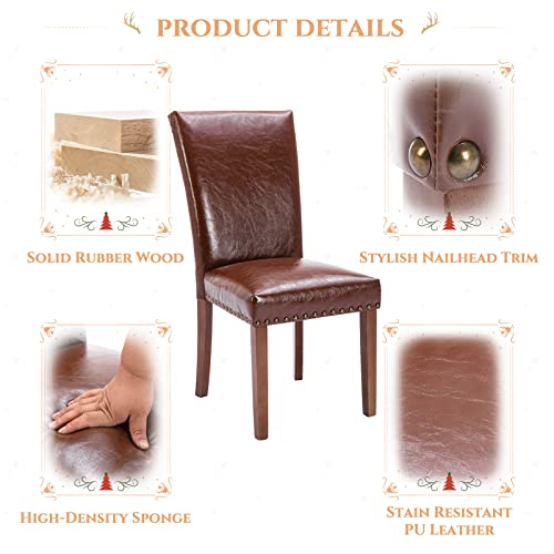 Image of Parsons Dining Chairs Set of 6, Upholstered Nailhead PU Leather Dining Room Kitchen Side Chair with Thick Cushions and Wood Legs, Light Brown