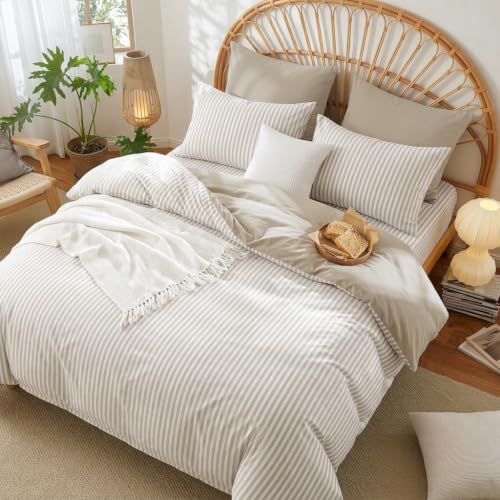 Image of Nayoroom Brown Striped Duvet Cover Queen Reversible White Taupe Bedding