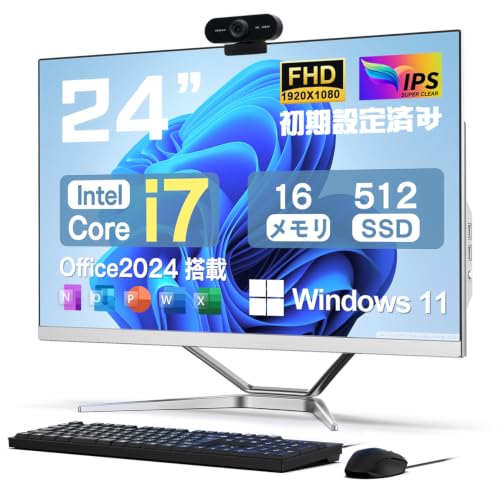 VETESA �f�X�N�g�b�vPC 24�C���` �t��HD Core i7 Windows11 Office 2024���� �����ݒ�ς� ������16GB ����SSD 512GB WEB�J���� �L���L�[�{�[�h/�}�E�X�t�� ��̌^�p�\�R�� �f�X�N�g�b�v�p�\�R�� �z��