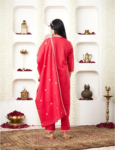 Image of Amazon Brand - Myx Women's Embroidered Cotton Kurta Pant Set with Dupatta (Available in Plus Sizes)