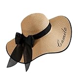 Personalized Womens Straw Sun Hat, Custom Name Wide Brim Summer Foldable Floppy Travel Vacation Beach Bow Sun Hat UPF, Brown Black