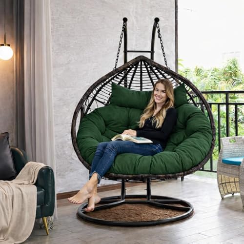 Image of Double Seater Cushion Set - Polyester Fabric Padded Seat for Hanging Egg /Garden Jhula (Dark Green)