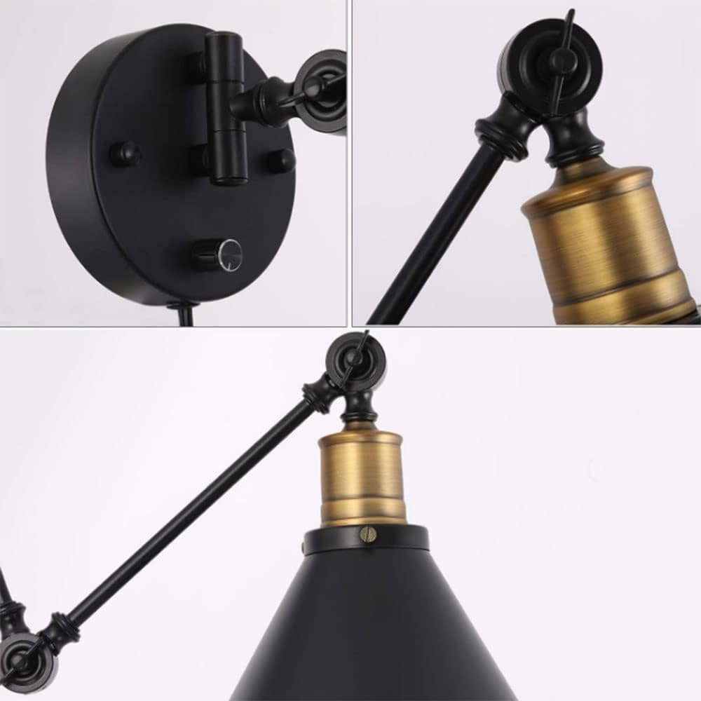 Zestaw 2 regulowanych lamp ściennych z obrotowym ramieniem, oświetlenie ścienne do sypialni, salonu, łazienki z przewodową kinkietem, czarne metalowe przemysłowe kinkiety