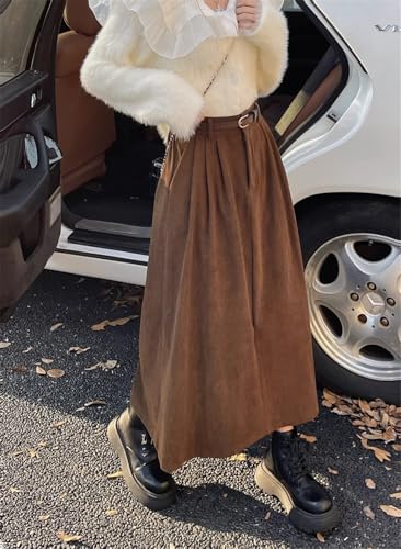 Women Vintage Fall Corduroy Long Skirt w/Belt Flowy A-Line Pleated Maxi Dress Japanese Style Cottagecore Midi Skirts4