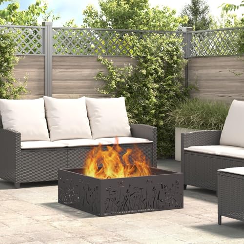 BARULUOAKLIFE Focolare Quadrato Rustico da Esterno in Acciaio Laminato a Freddo Nero 80x80x30 cm con Intarsi Decorativi per Riscaldamento a Legna Portatile per Serate all'Aperto