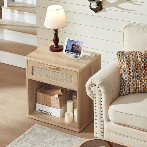 Image of LEYAOYAO Rattan Nightstand with Charging Station, Natural Wood Night Stand with Drawer, 23 inch Wide Boho Bedside Table with Storage Shelf, Bed Side End Tables for Bedroom, Living Room, Hallway