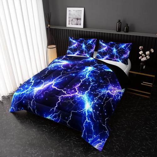 Image of Nttopship Blue Lightning Comforter Set Twin Size Bed in A Bag,Lightning Bedding Set for Teen Adult Blue Room Decor Ultra-Soft Lightweight Microfiber with 2 Pillowcases