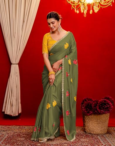 Image of SIRIL Women's Embroidery, Mirror Work, Scalloped Border Shimmer Georgette Saree With Unstitched Blouse Piece